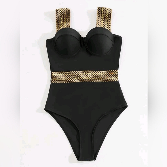 Black Elegant One Piece Push Up Swimsuit - Picture 2 of 3